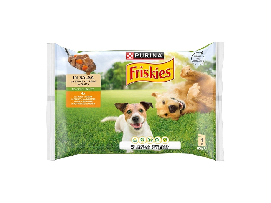 Friskies Bocconcini per Cani – 4x85g, Pollo e Carote in Salsa, Nutrizione Completa e Gusto Irresistibile