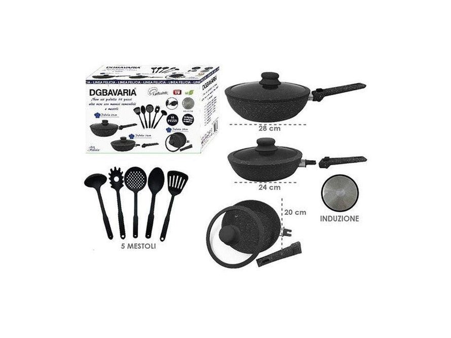 DGBavaria Set Batteria Padelle 14 Pezzi Nere con Mestoli – Antiaderenti, Pratiche e Resistenti