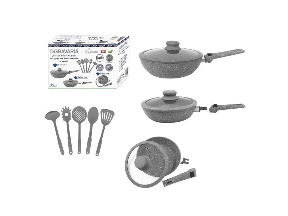 Batteria Padelle 14 Pezzi Grigie con Mestoli e Manici Rimovibili – Set Completo Salvaspazio