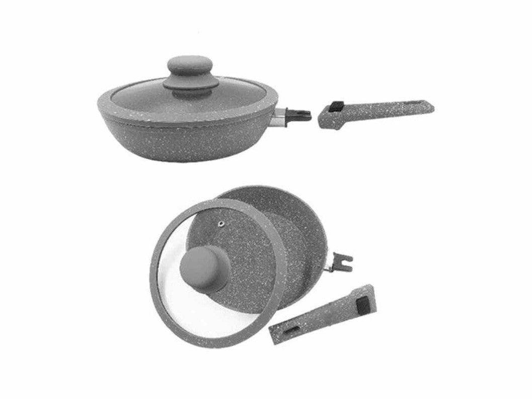 Batteria Padelle 14 Pezzi Grigie con Mestoli e Manici Rimovibili – Set Completo Salvaspazio