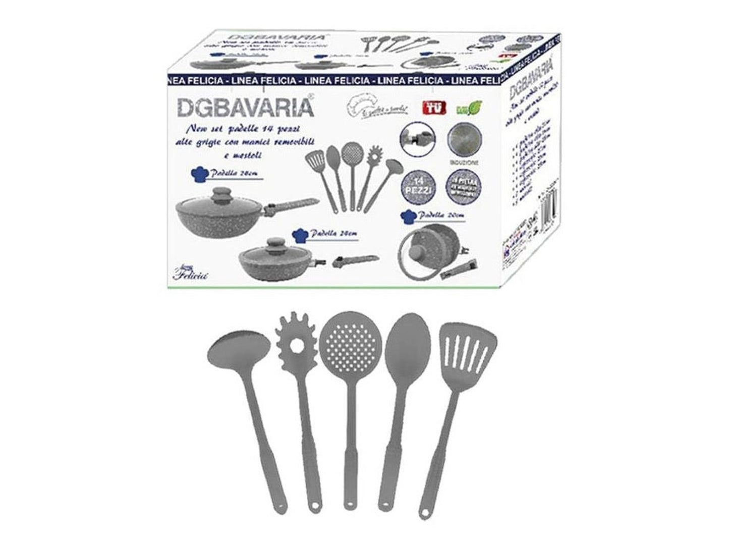 Batteria Padelle 14 Pezzi Grigie con Mestoli e Manici Rimovibili – Set Completo Salvaspazio