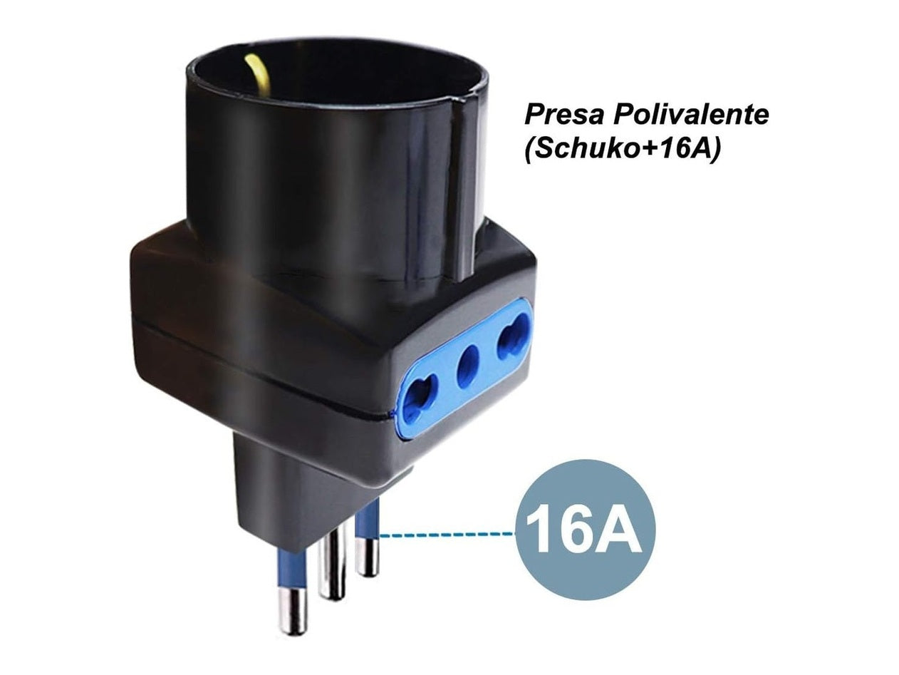3-Outlet Adapter with 16A+T Plug and 2 Dual-Purpose Sockets with Schuko – Black and White Colors