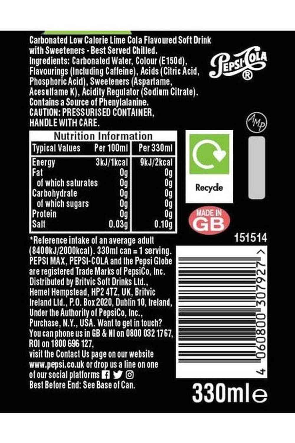 Pepsi Cola 0.33L Max Lime
