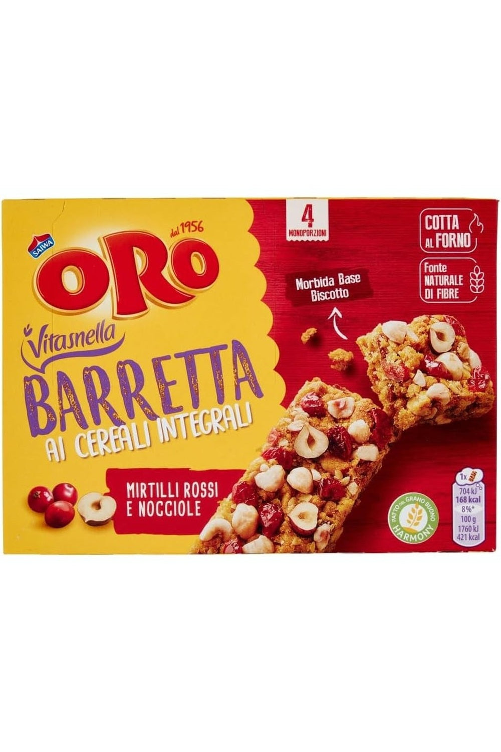 Barretta Oro Saiwa 160g – Cereali Integrali con Mirtilli Rossi e Nocciole – Snack Gustoso ed Energetico