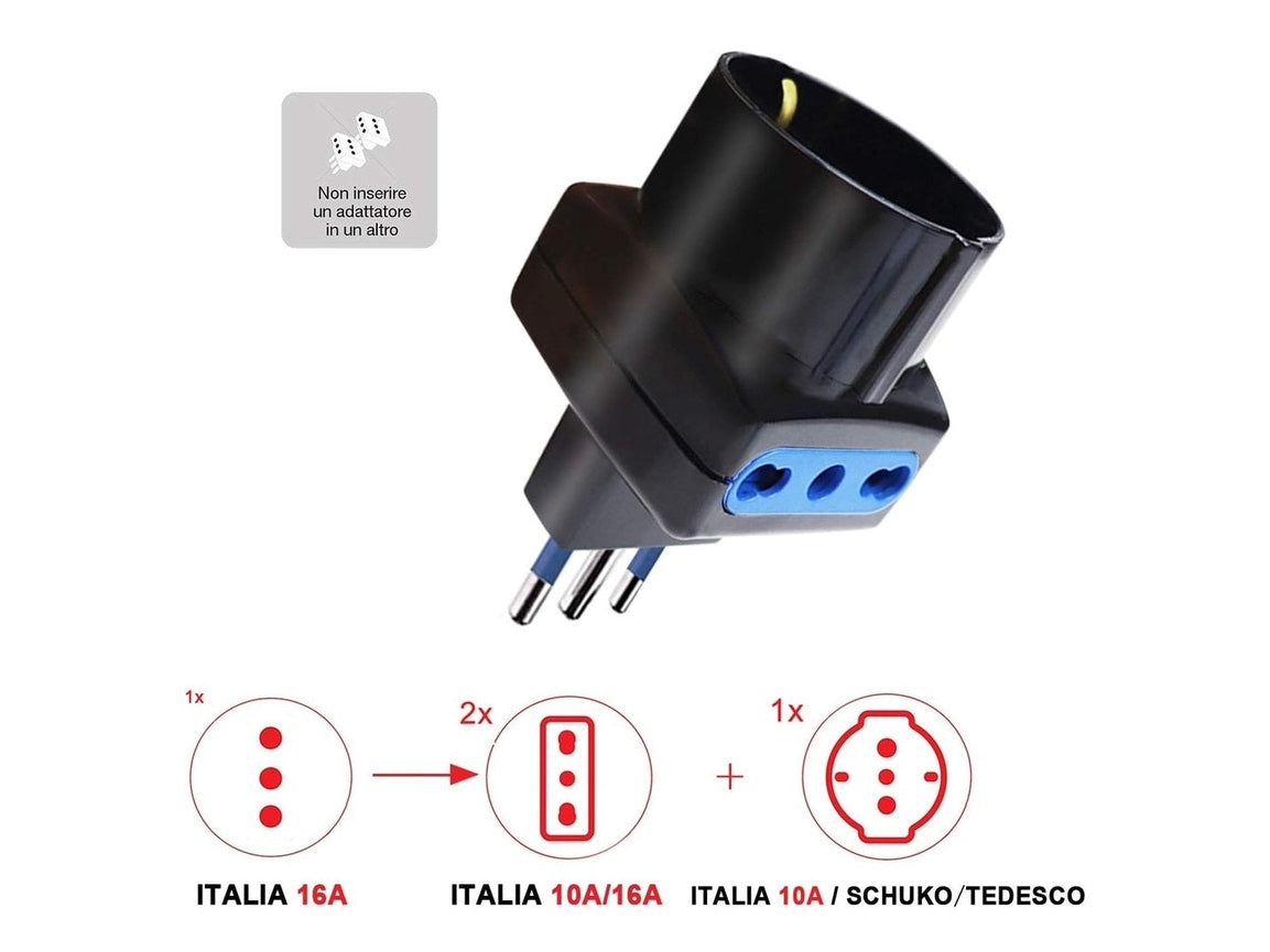 3-Outlet Adapter with 16A+T Plug and 2 Dual-Purpose Sockets with Schuko – Black and White Colors