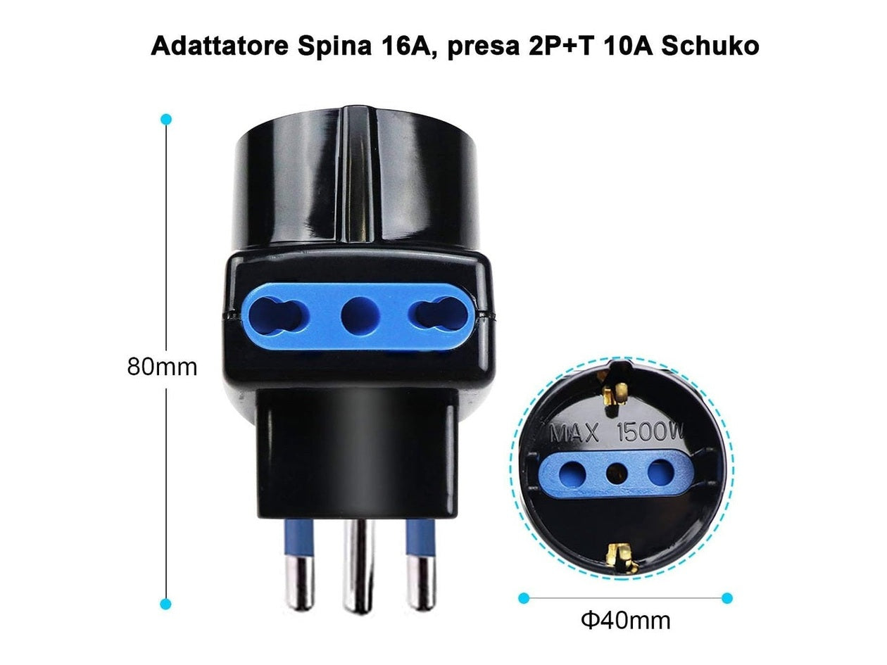 3-Outlet Adapter with 16A+T Plug and 2 Dual-Purpose Sockets with Schuko – Black and White Colors