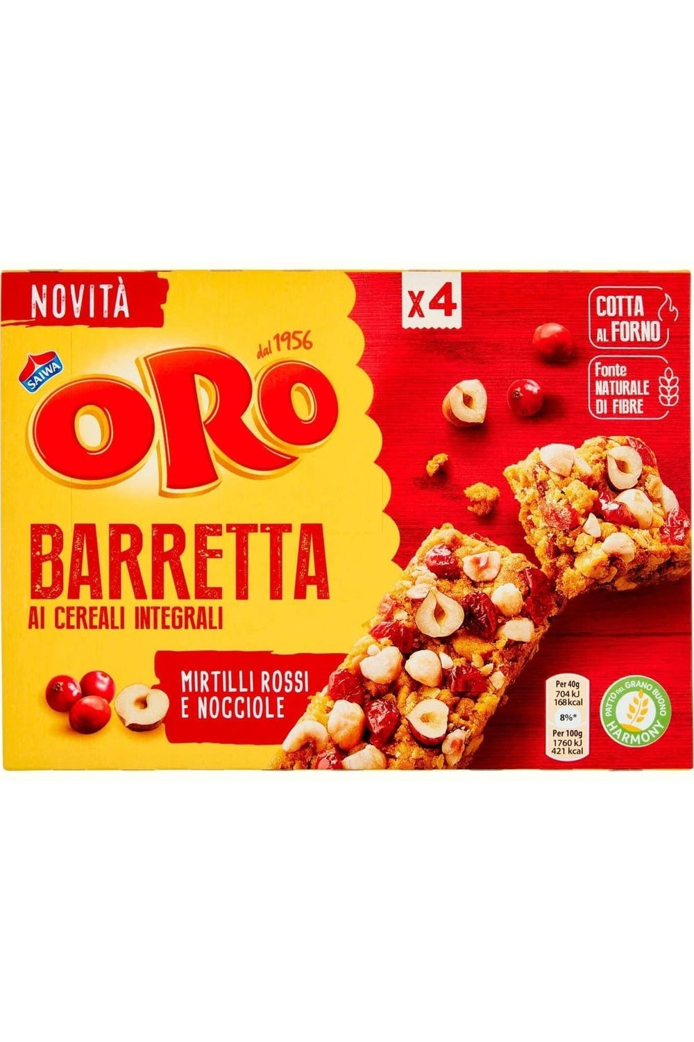 Barretta Oro Saiwa 160g – Cereali Integrali con Mirtilli Rossi e Nocciole – Snack Gustoso ed Energetico
