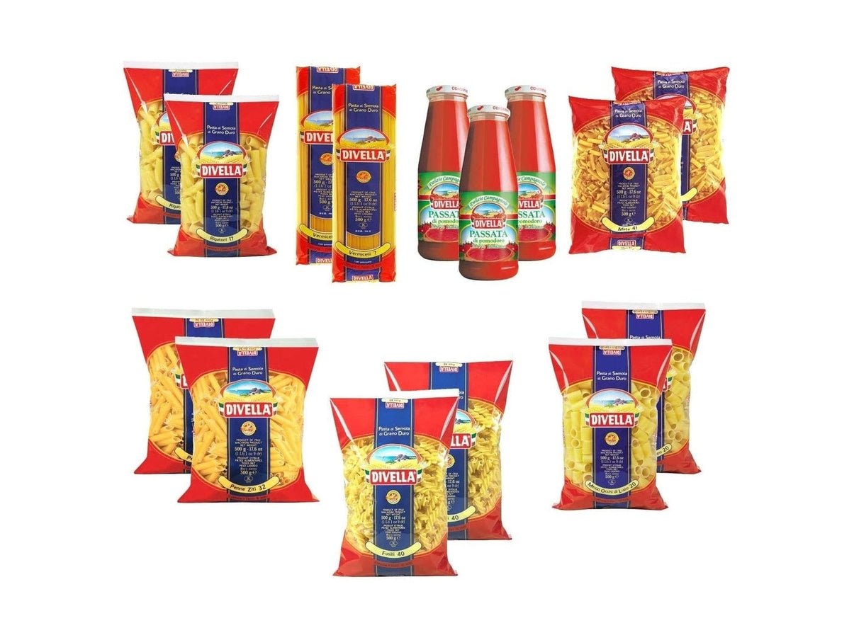 Divella Kit Pasta e Passata – 12 Confezioni da 500g (Fusilli, Rigatoni, Penne Ziti, Vermicelli, Mista, Paternosti Rigati) + 3 Bottiglie di Passata di Pomodoro 640g