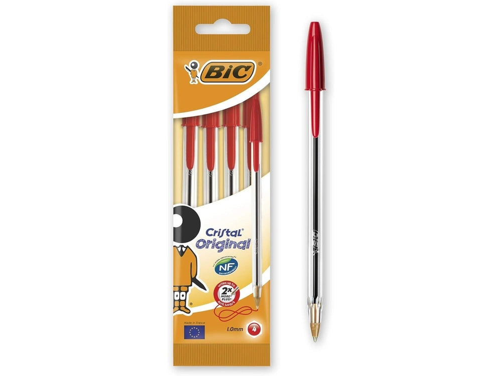Penne BIC Cristal Rosse – Confezione 4 Pezzi, Punta Media per Scrittura Fluida