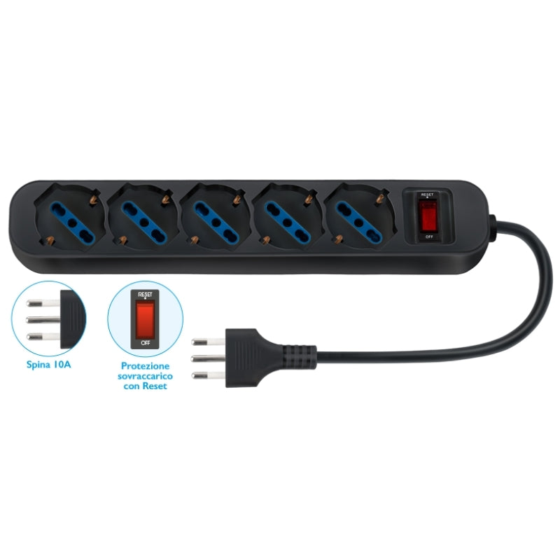 Presa Multipla 5 Prese Schuko 10/16A+T Spina 10A+T con Protezione Sovraccarico