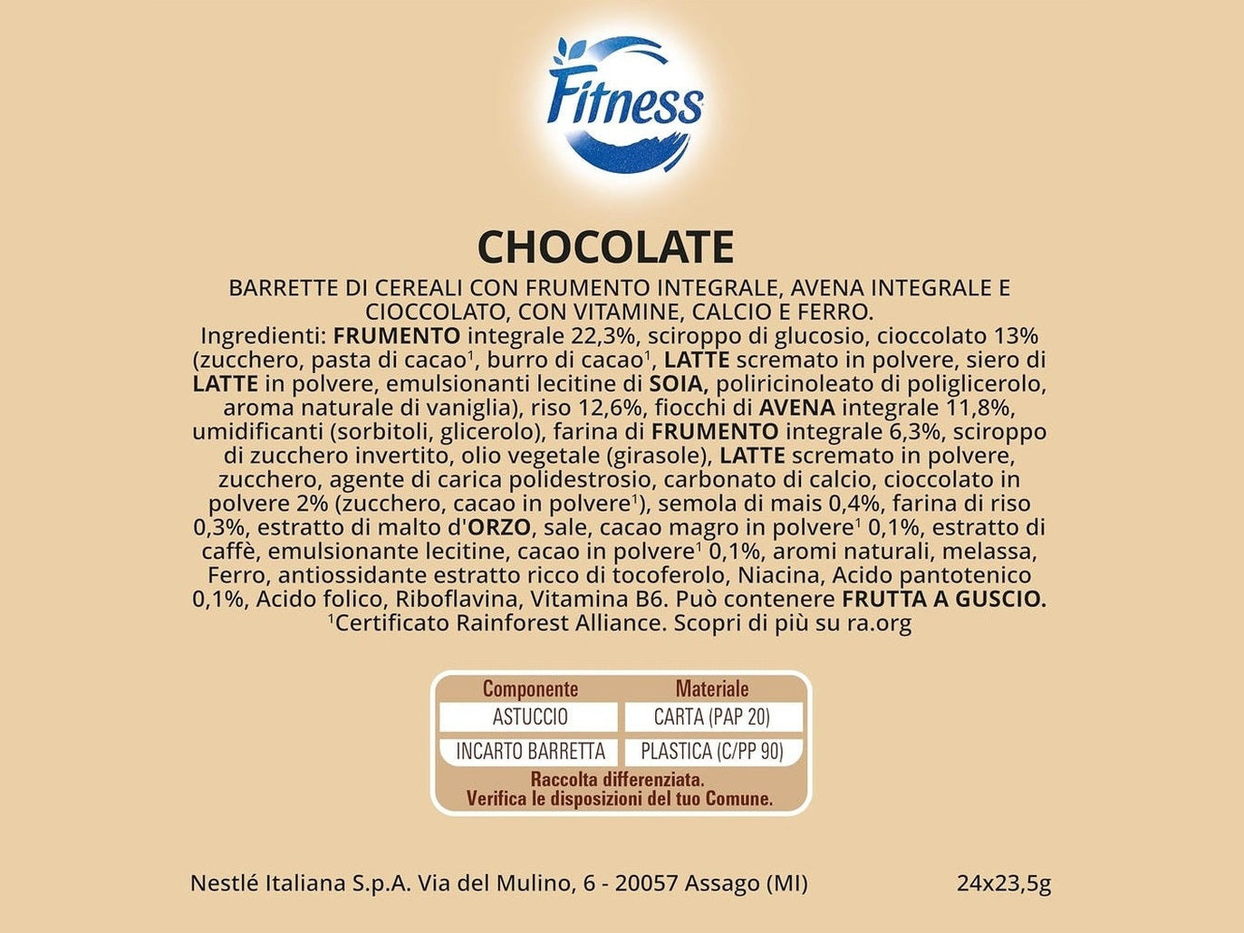 Barretta Fitness 22,5g Cioccolato al Latte Nestlé (24pezzi)