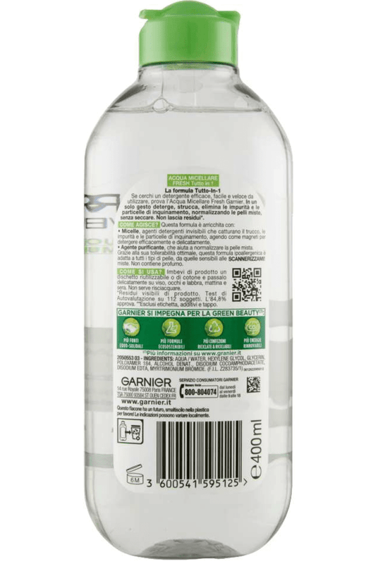 Acqua Micellare Garnier Fresh 400ml – Detergente Tonificante per Pelli Normali e Sensibili, Senza Risciacquo