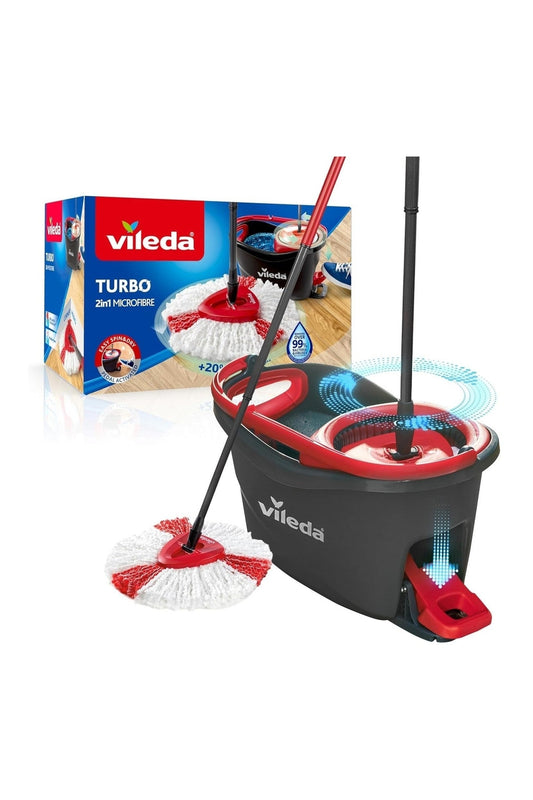 Vileda Turbo Easy Wring & Clean – Sistema Lavapavimenti con Secchio a Pedale, Manico Telescopico 85-130 cm e 1 Fiocco di Ricambio 2in1, Compatibile con Turbo e Turbo Smart