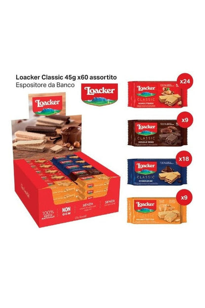 Loacker Classic 45g x60 Assortito – Espositore da Banco con 4 Gusti (Napolitaner, Cremkakao, Double Choc, Peanut Butter)