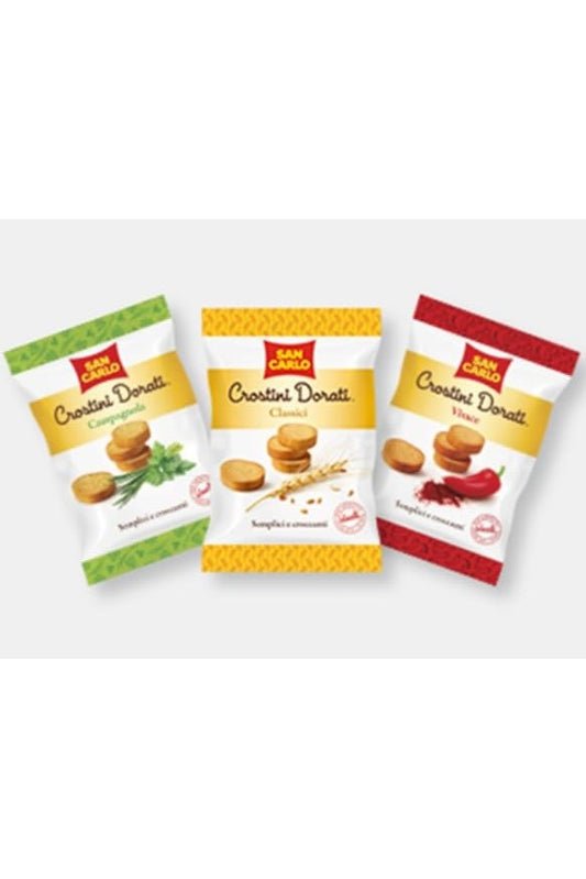 Confezione 12x (SamiCash) per San Carlo Crostini Dorati Assortiti (Pomodoro,Classici,Vivace), Novita 2025 - Box da 12 Bustine Assortite da 75g