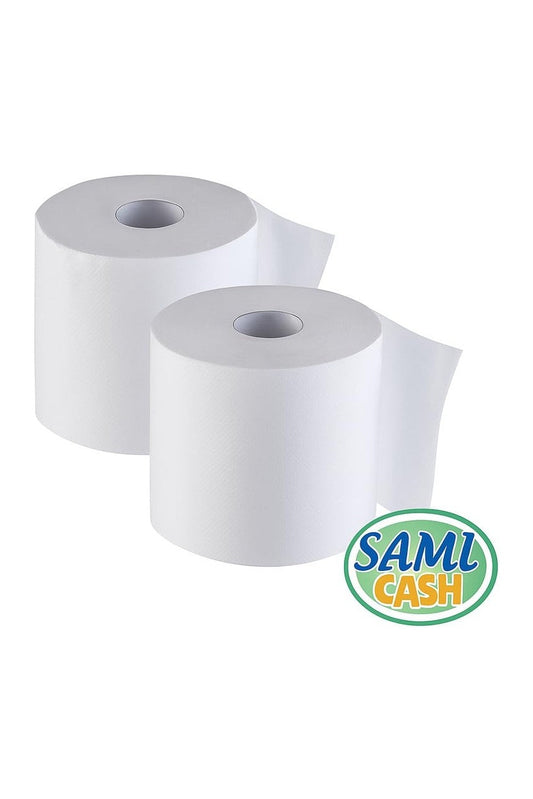 Samicash Bobina Carta in Rotolo, Confezione Scorta da 4 Rotoli, Doppio Velo, Bianco, 390 Strappi per Rotolo