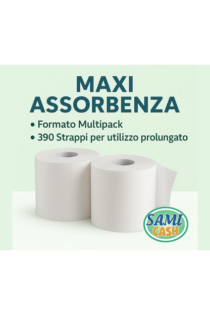 Samicash Bobina Carta in Rotolo, Confezione Scorta da 4 Rotoli, Doppio Velo, Bianco, 390 Strappi per Rotolo