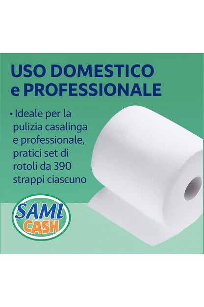 Samicash Bobina Carta in Rotolo, Confezione Scorta da 4 Rotoli, Doppio Velo, Bianco, 390 Strappi per Rotolo