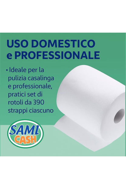 Samicash Bobina Paper Roll di Carta in Rotolo, 390 Strappi, 10 Rotoli, Doppio Velo, Confezione Super Scorta Family