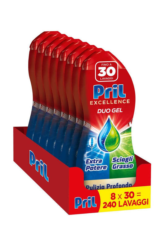 Pril Duo Gel, Detersivo lavastoviglie Gel, Azione Sciogligrasso, Formato da 8 Confezioni da 30 Lavaggi, 240 Lavaggi
