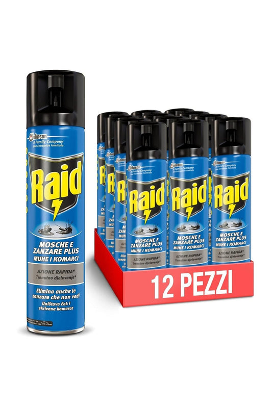 Raid 12 Spray Mosche e Zanzare Insetticida, Antizanzare e Antimosche - 12 Pezzi da 400ml