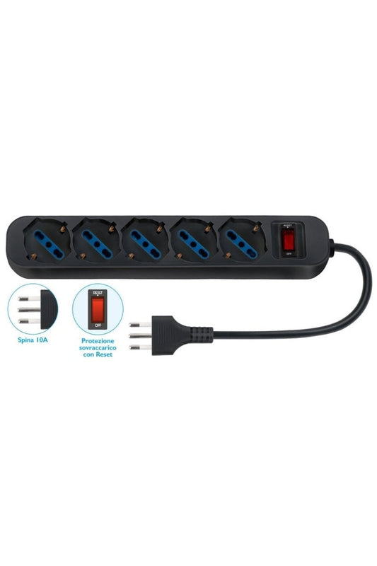 Presa Multipla 5 Prese Schuko 10/16A+T Spina 10A+T con Protezione Sovraccarico