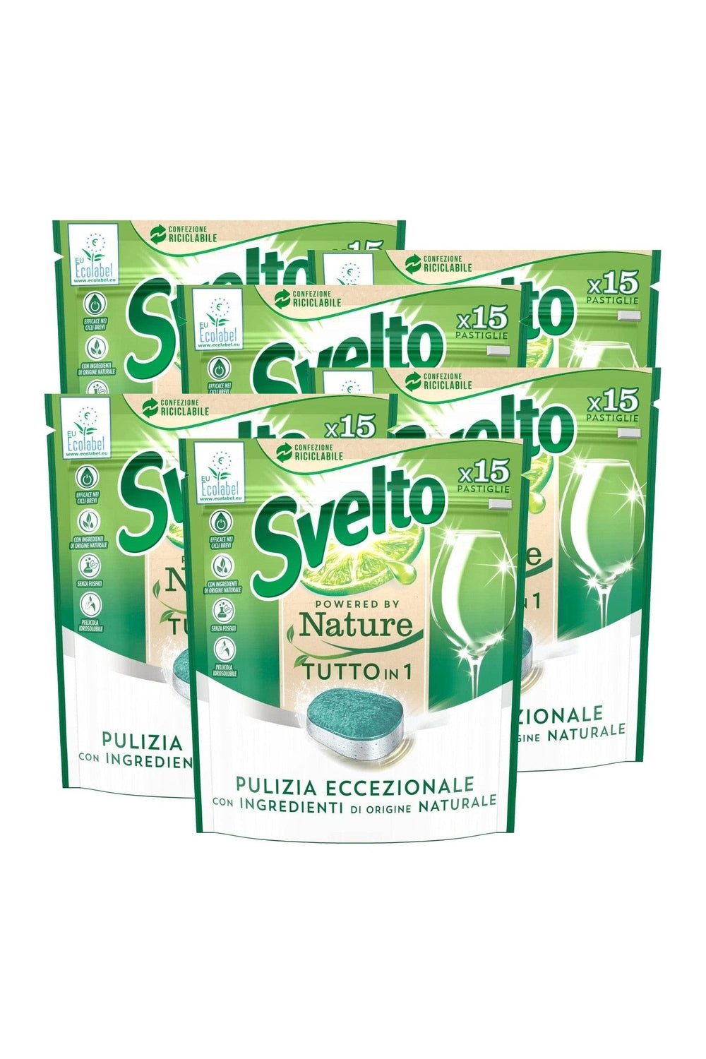 6x Svelto Powered By Nature Tutto in 1 Pastiglie per Lavastoviglie Pulizia Eccezionale con Ingredienti di Origine Naturale - 6 Confezioni da 15 Pastiglie