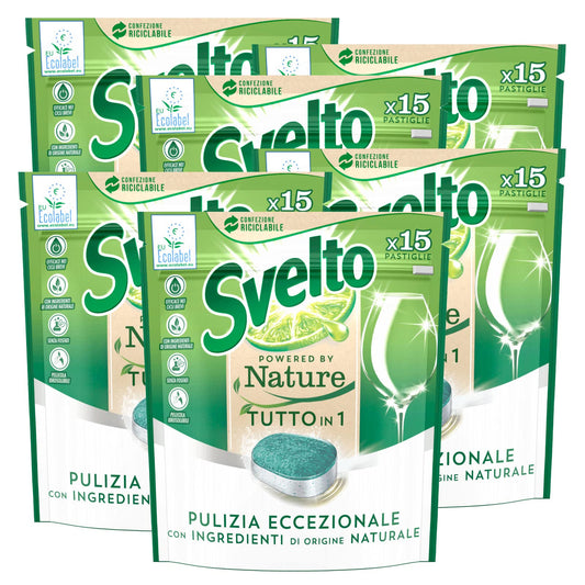 6x Svelto Powered By Nature Tutto in 1 Pastiglie per Lavastoviglie Pulizia Eccezionale con Ingredienti di Origine Naturale - 6 Confezioni da 15 Pastiglie
