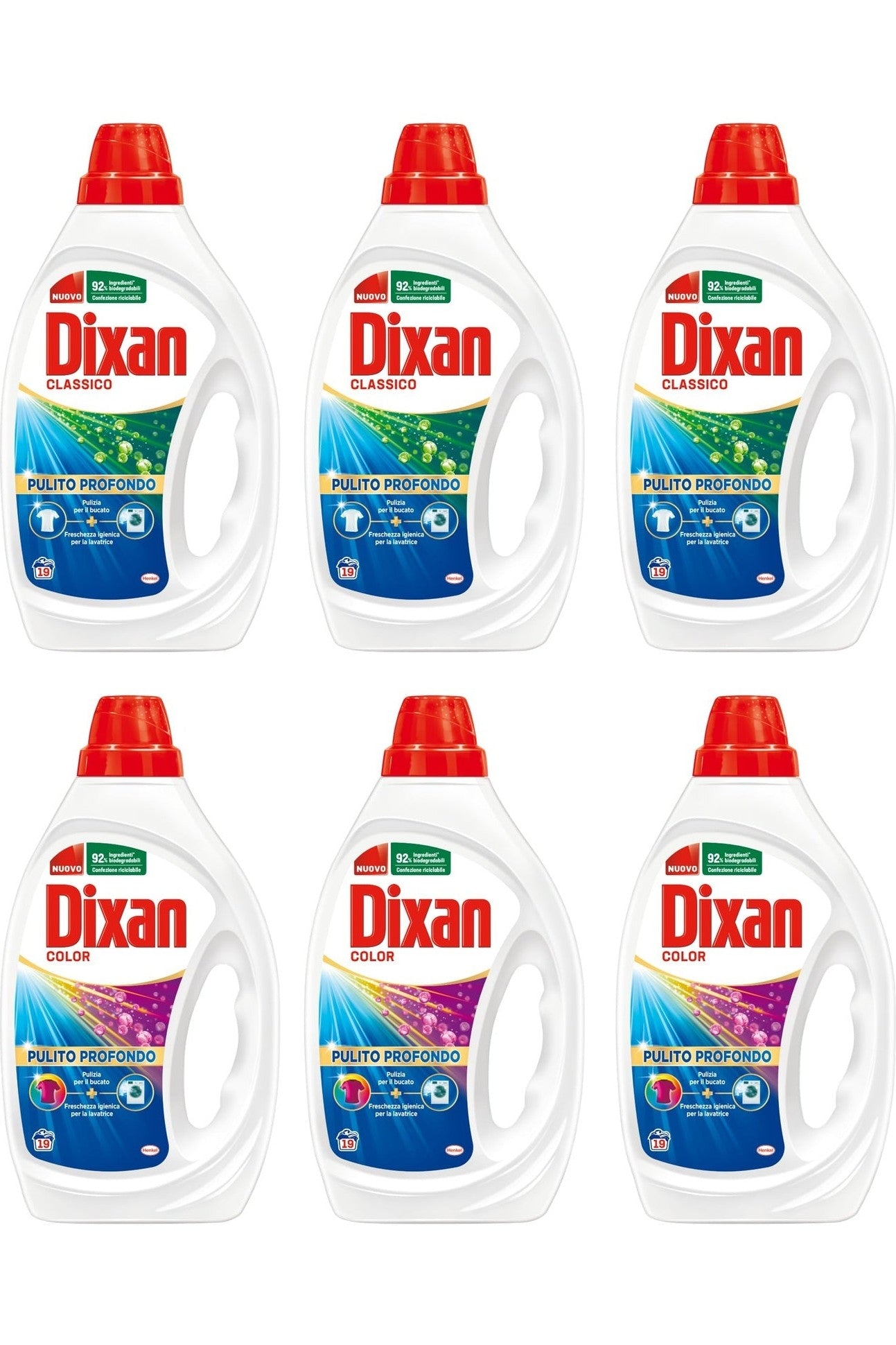 Dixan Detersivo Lavatrice Liquido, 3 Confezioni Classico + 3 Confezioni Color, Confezione da 6 x 19 lavaggi - 114 Lavaggi, Rimuove le macchie da 20°C