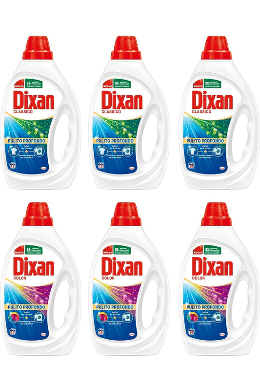 Dixan Detersivo Lavatrice Liquido, 3 Confezioni Classico + 3 Confezioni Color, Confezione da 6 x 19 lavaggi - 114 Lavaggi, Rimuove le macchie da 20°C