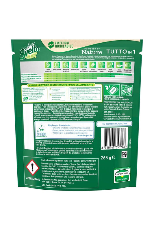 6x Svelto Powered By Nature Tutto in 1 Pastiglie per Lavastoviglie Pulizia Eccezionale con Ingredienti di Origine Naturale - 6 Confezioni da 15 Pastiglie