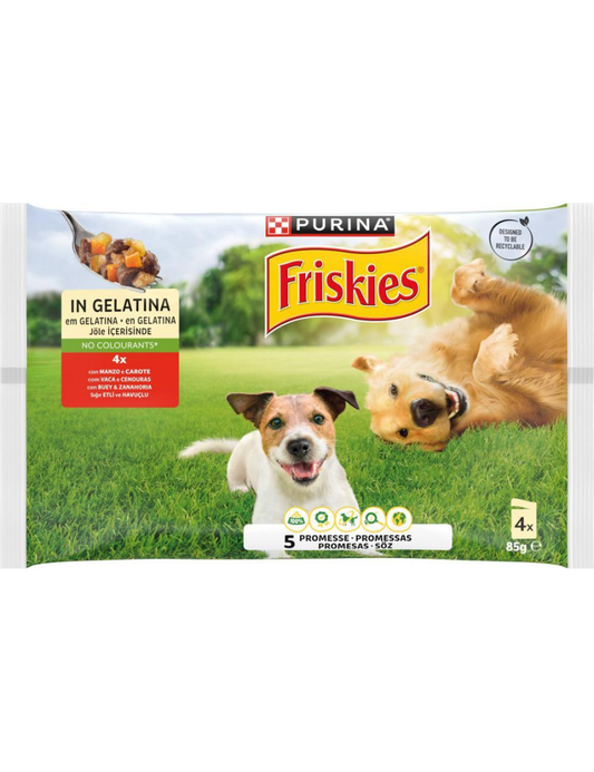 Friskies Bocconcini per Cani 4x85g, Manzo e Patate in Salsa 12pz