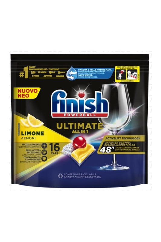 Finish Ultimate All in One 16 Tabs Limone – Potere Sgrassante e Brillantezza Impeccabile per la Tua Lavastoviglie