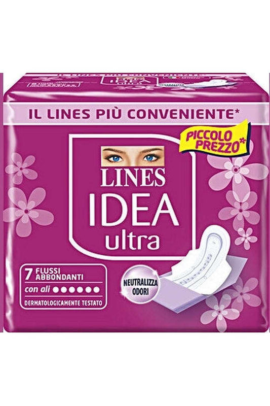 Lines Idea Ultra Flussi Abbondanti – Assorbenti con Ali, Ultra Sottili e Super Assorbenti, Confezione da 7 Pezzi
