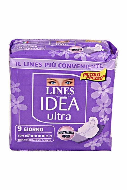 Lines Idea Ultra Giorno con Ali – Assorbenti Ultra Sottili, Protezione e Comfort per Flussi Regolari, Confezione da 9 Pezzi