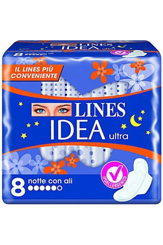 Lines Idea Ultra Notte con Ali – Assorbenti Ultra Sottili, Massima Protezione Notturna, Confezione da 8 Pezzi