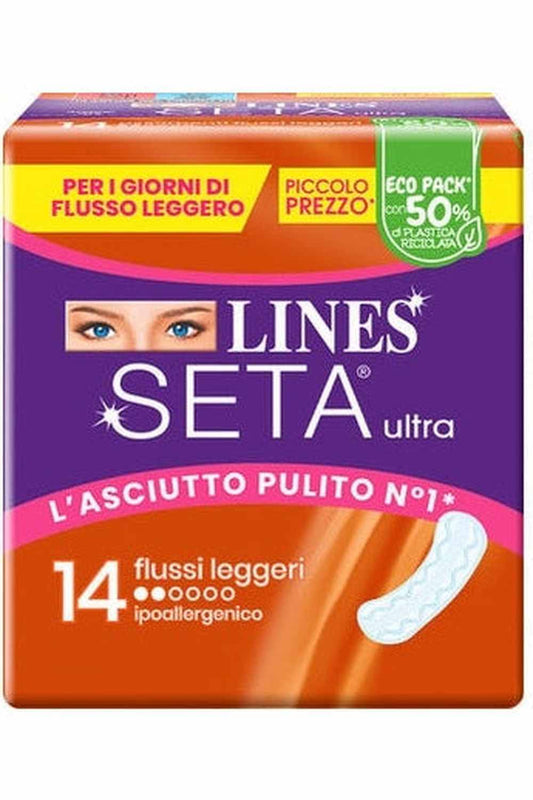 Lines Seta Ultra Assorbenti Flussi Leggeri – Con Ali, Ultra Sottili, Protezione e Comfort, Confezione da 14 Pezzi