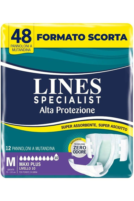 Lines Specialist Pannolone a Mutandina Maxi Plus – Taglia M, Alta Protezione fino a 12h, Zero Odore, Donna e Uomo, Confezione da 4/8/12