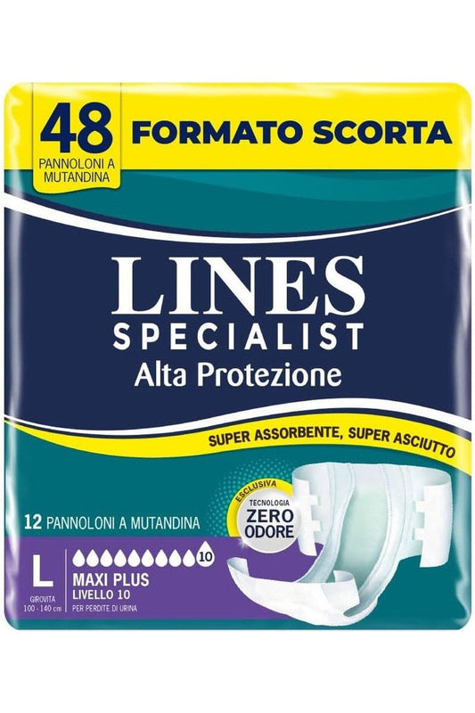 Lines Specialist Pannolone a Mutandina Maxi Plus – Taglia L, Alta Protezione fino a 12h, Zero Odore, Donna e Uomo, Confezione da 4/8/12