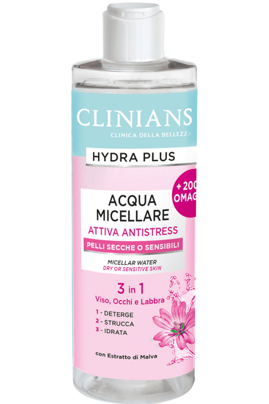 Acqua Micellare Clinians Hydra Plus 400ml Antistress – Detergente e Idratante per Viso e Occhi, Senza Risciacquo