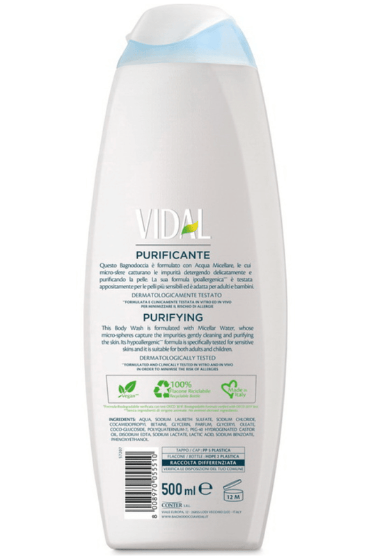 Bagnoschiuma Vidal Acqua Micellare 500ml – Detergente Corpo Delicato e Purificante, per una Pelle Morbida e Fresca