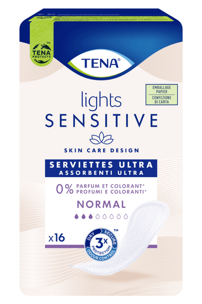 TENA Lights Sensitive Ultra Normal 16pz – Protezione Leggera per Perdite Urinarie con Cura della Pelle Sensibile