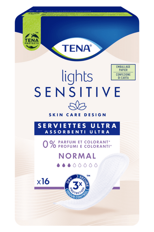 TENA Lights Sensitive Ultra Normal 16pz – Protezione Leggera per Perdite Urinarie con Cura della Pelle Sensibile