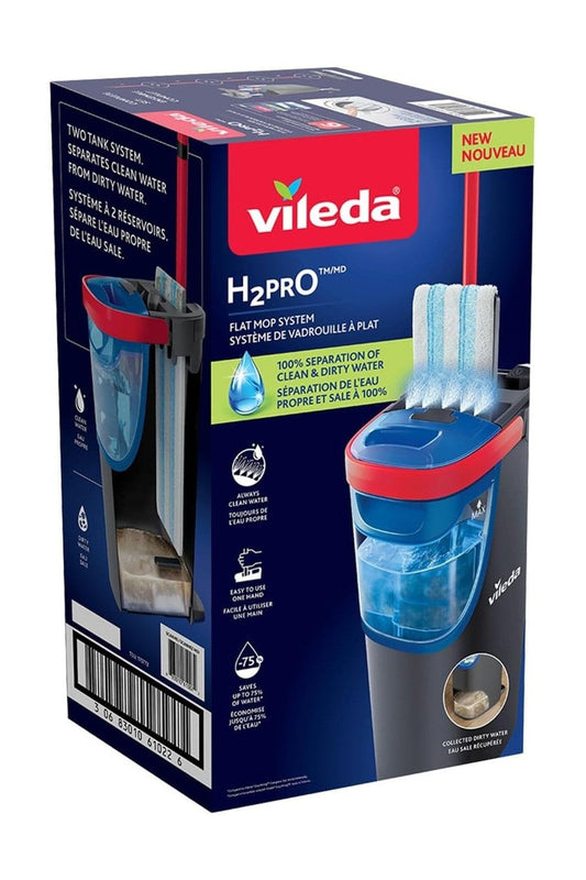 Vileda H2Pro FlatMop – Sistema Lavapavimenti con Secchio a Doppia Vasca, Mop Piatto in Microfibra, Acqua Pulita ad Ogni Risciacquo
