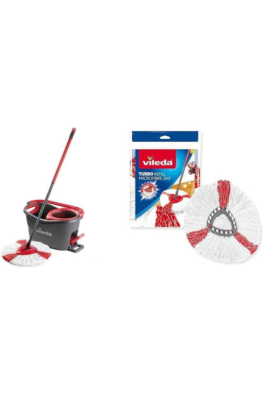 Vileda Turbo Easy Wring & Clean – Sistema Lavapavimenti con Secchio a Pedale, Manico Telescopico 85-130 cm e 1 Fiocco di Ricambio 2in1, Compatibile con Turbo e Turbo Smart