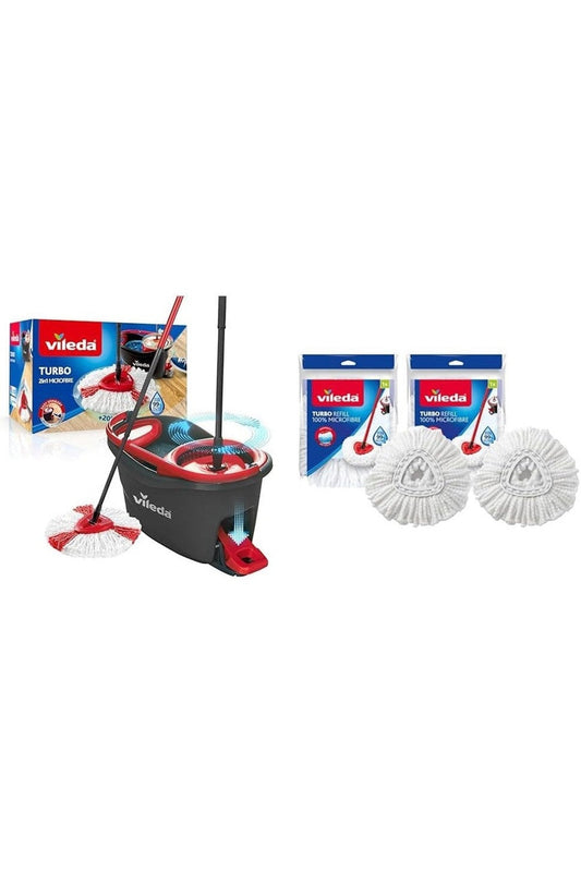 Vileda Turbo Easy Wring & Clean – Sistema Lavapavimenti con Secchio a Pedale e Manico Telescopico 85-130 cm + 2 Fiocchi di Ricambio in Microfibra EasyWring Turbo